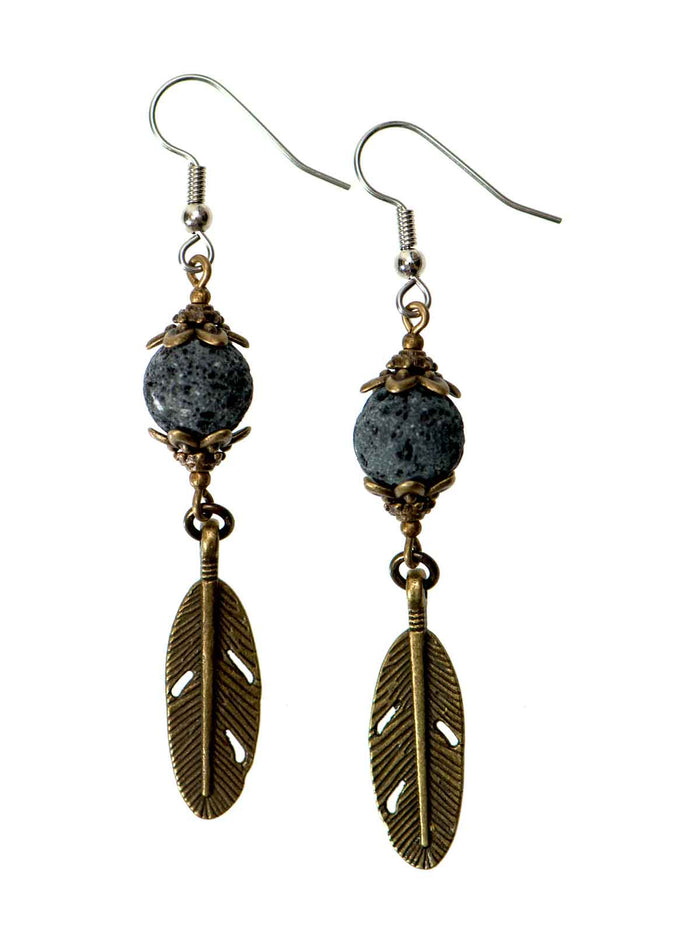 Bronze Feather & Lava Diffuser Earrings