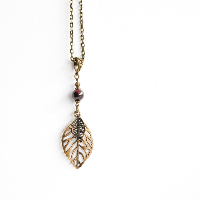 Garnet & Leaves Necklace in Bronze