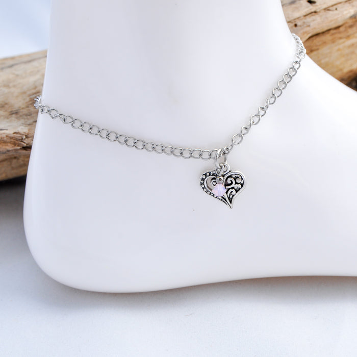 Heart Chain Anklet with Swarovski Crystal