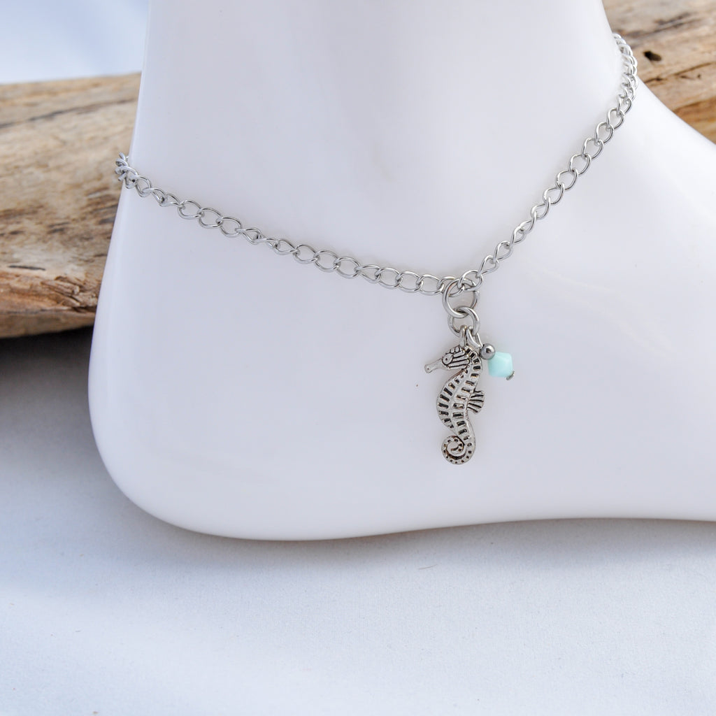 Seahorse Anklet with Azure Opalescent Swarovski Crystal BEL Jewelry Boutique